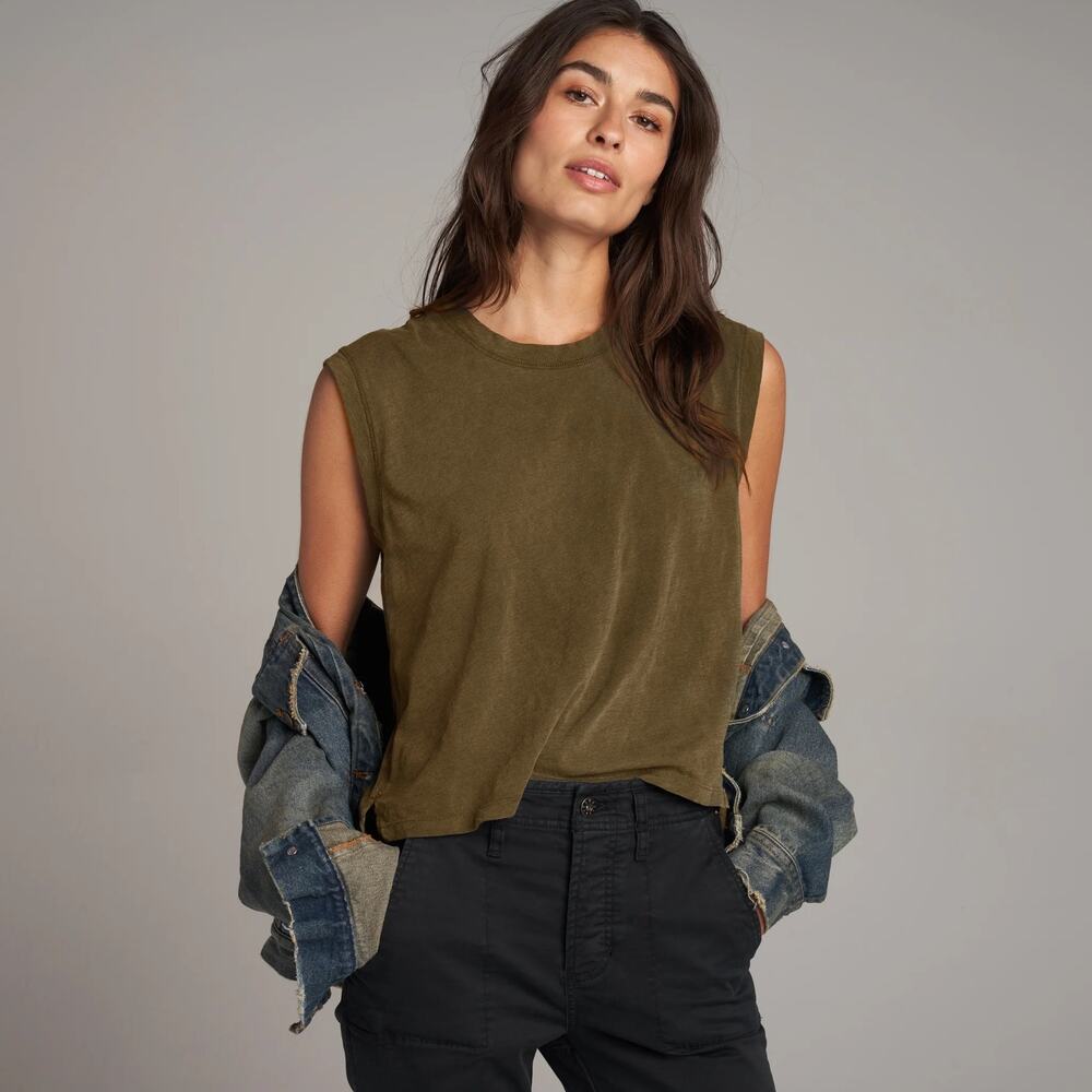 Rowan Women's Savannah Slub Cotton Muscle Tank Top Shirt in Olive Army - Picture 3 of 3